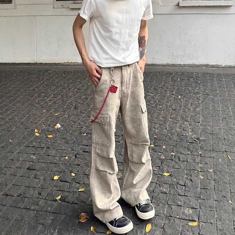 Marble Dark Pattern Pocket Cargo Jeans Men Cleanfit Straight Loose Pleated American Casual Paratrooper Pants