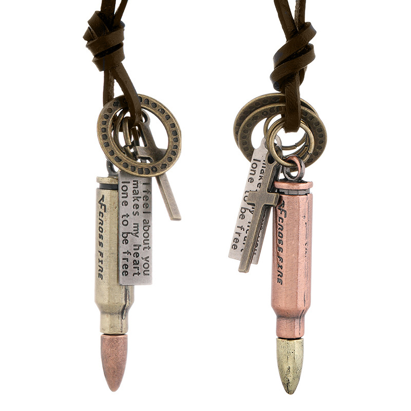 European and American Retro Pull-out Adjustable Personality Cowhide Necklace Simple Trendy Alloy Bullet Pendant Men's Jewelry