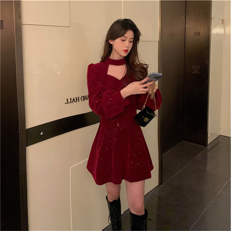 Velvet Dress with Fine Shimmer for Women, Winter 2025 New Christmas Red New Year Evening Dress, Slim-Fit Base Winter Dress