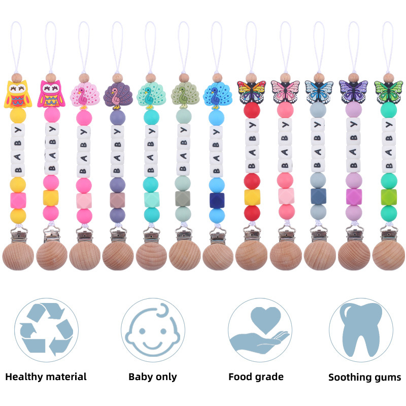 Nuevo bebé de dibujos animados animal mariposa Pavo Real búho mordedor calmante bebé molar pezón anti-gota cadena
