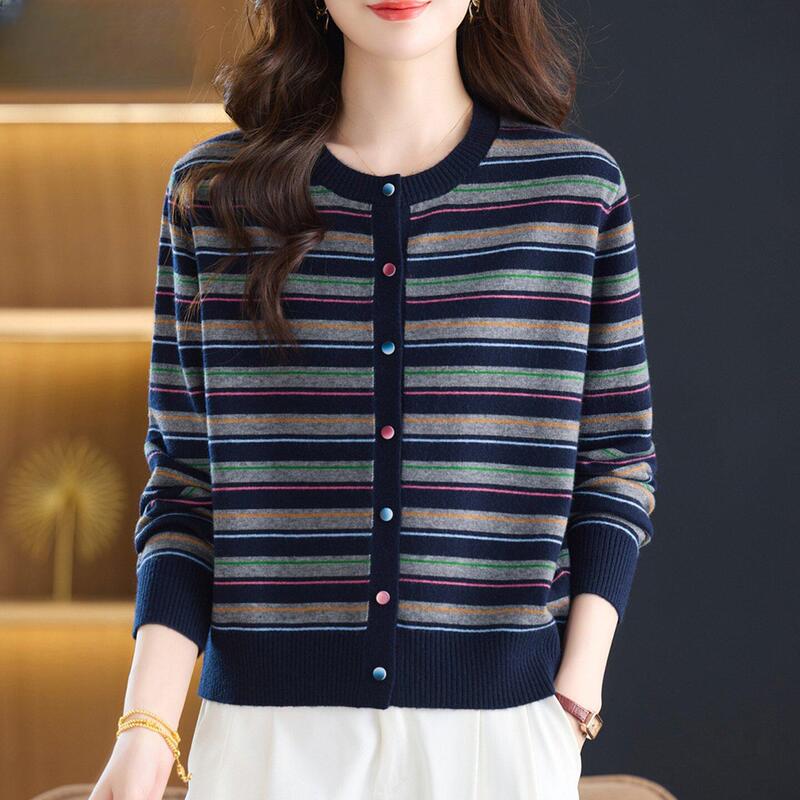 Round-neck striped knit cardigan, new spring/autumn style, fashionable outerwear for women, color-block sweater Round-neck striped knit cardigan, new spring/autumn style, fashionable outerwear for women, color-block sweater