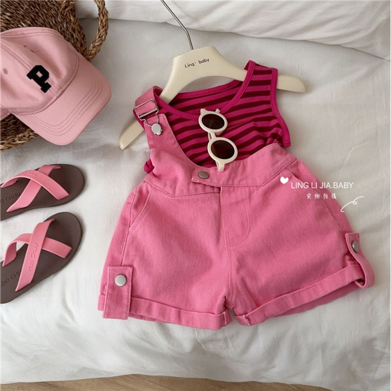 【Qixiaoqi】2025 New Children's Summer Outfit with Pants, Striped Tank Top and Suspender Shorts Two-Piece Set