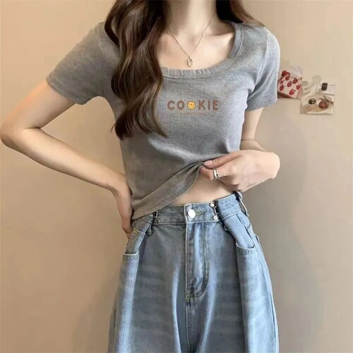 Ice Silk Ribbed T-Shirt: New Sweet & Spicy Style, Slim-Fit Cropped Top for Petite Figures, Casual Off-Shoulder Short-Sleeve Tee—Instagram Trending