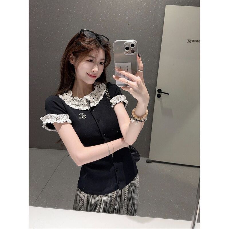 カレッジスタイルレースコントラスト水玉パッチワーク半袖Tシャツレディース夏優しいスリムフィットショルダーショートトップ|undefined