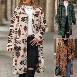 亚马逊女装欧美跨境2025秋冬热卖爆款翻领长袖毛绒大衣女长款外套