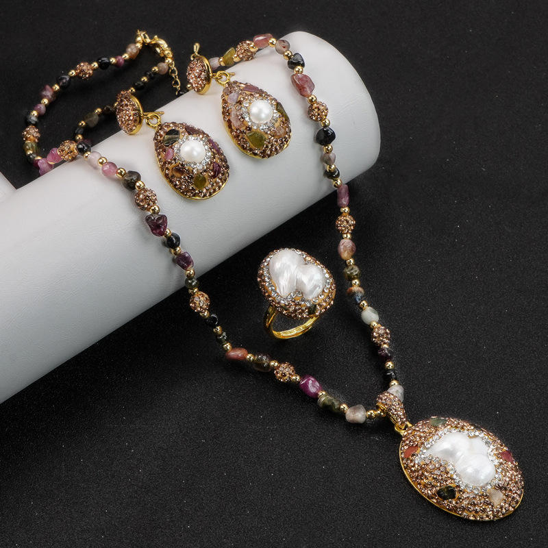 Baroque pearl tourmaline suit Zhuji freshwater shaped pearl sweater chain high-grade hand inlaid three-piece set