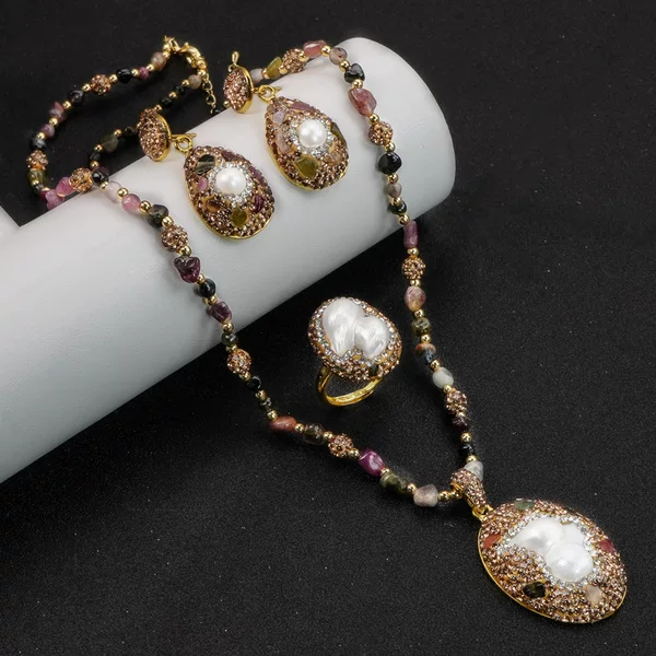 Baroque pearl tourmaline suit Zhuji freshwater shaped pearl sweater chain high-grade hand inlaid three-piece set