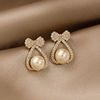 Fashionable silver needle, universal zirconium heart-shaped with bow, elegant earrings from pearl, silver 925 sample, micro incrustation