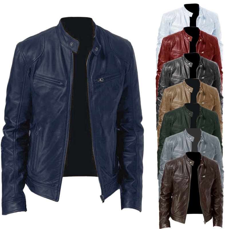 2023 Herren Casual Vintage Slim Zip Kunstlederjacke Langarm Stehkragen Multi-Pocket Mantel Herbst Winter Warme Oberbekleidung_voghion.com