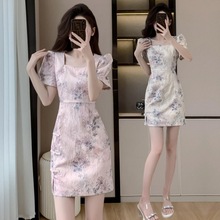新中式改良旗袍裙夏季方领新款显瘦名媛气质短款盘扣连衣裙小个子