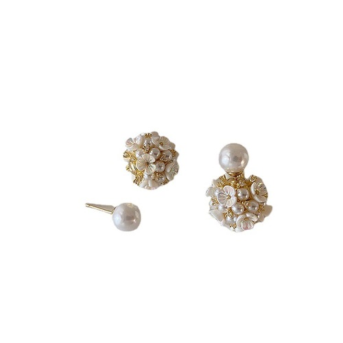 925 Silver Needle French Retro Shell Flower Pearl Ball Earrings for Women - Ethereal and Charming Personality Fashion Stud Earrings