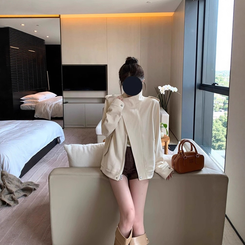 白巧恋人麂皮绒外套女冬季米白色设计感机车风宽松皮衣夹克上衣|undefined