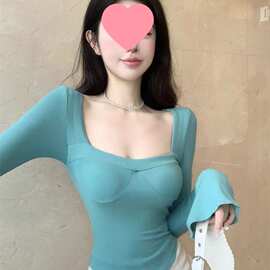 自带胸垫喇叭长袖t恤打底衫小众独别致设计法式掐腰显瘦上衣ins
