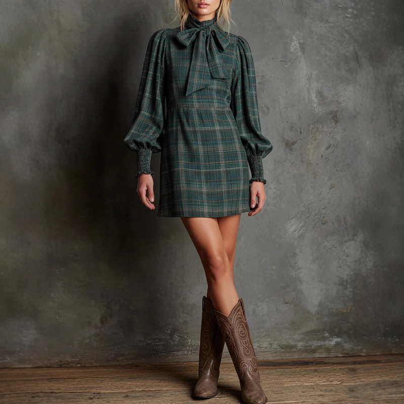 European and American Cross-Border Women's New Four-Season Retro Plaid Dress Amazon Independent Long-Sleeved Skirt
