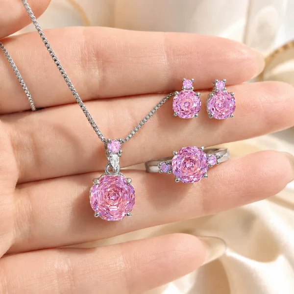 Octagonal Millennium Rose Cut Colorful Necklace Pendant Inlaid with High-Carbon Diamonds, Chinese Red Earrings, Colorful Gemstone Pink Diamond Ring for Women