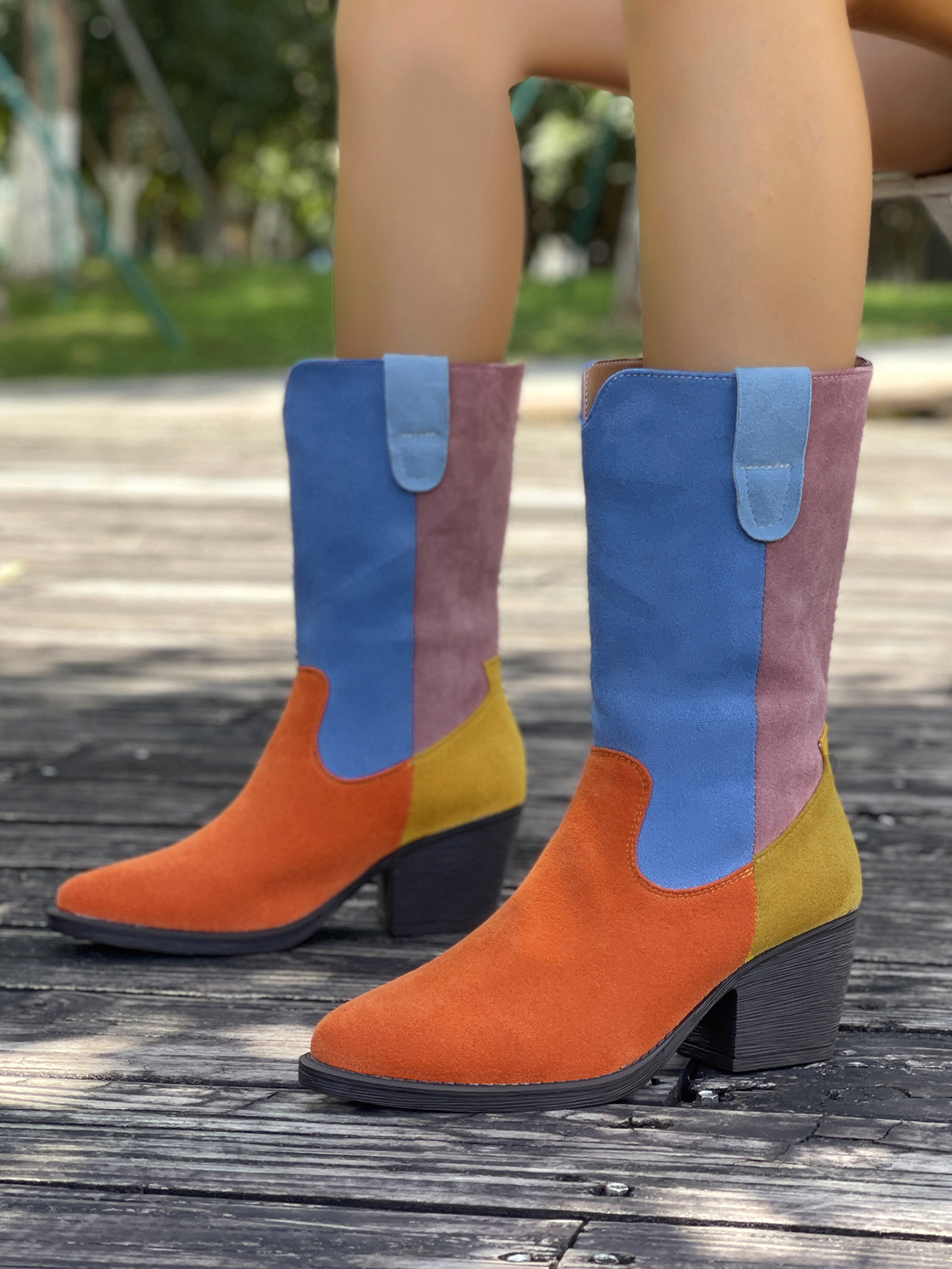 Women's Cowboy Boots Colour Blocked Pointed Toe Mid Heel Western_voghion.com