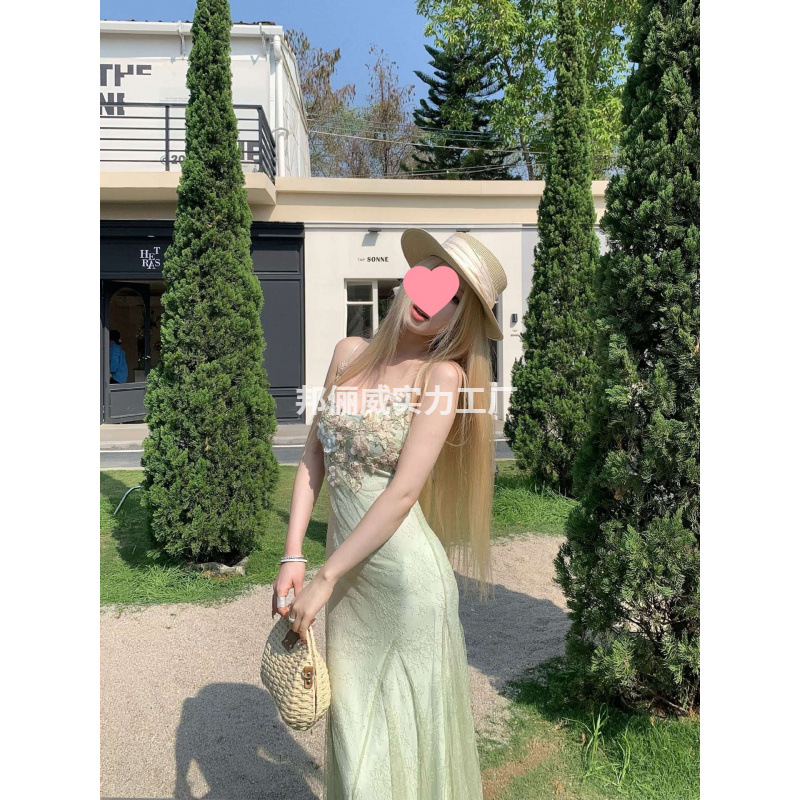 NSSY溺水三鱼海边度假吊带裙绿色连衣裙女夏绝美漂亮包臀修身长裙