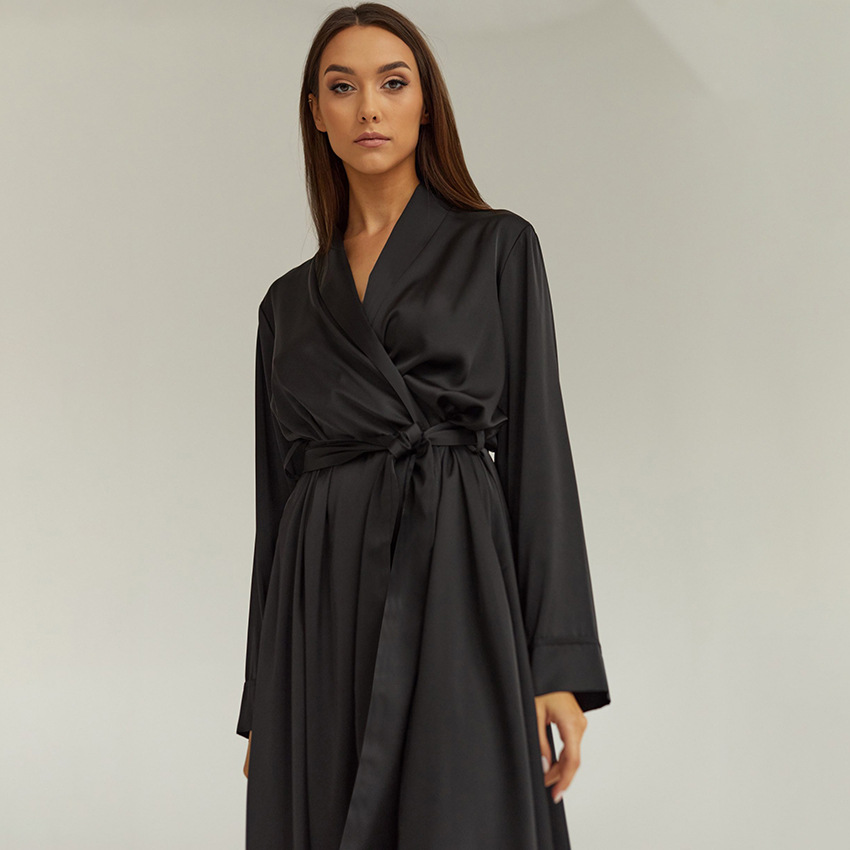 2026 European and American Spring and Summer New Style Imitation Silk Lace-Up Long-Sleeved Long Pajamas and Nightgowns, Comfortable and Soft Women's Home Wear 2026 European and American Spring and Summer New Style Imitation Silk Lace-Up Long-Sleeved Long Pajamas and Nightgowns, Comfortable and Soft Women's Home Wear