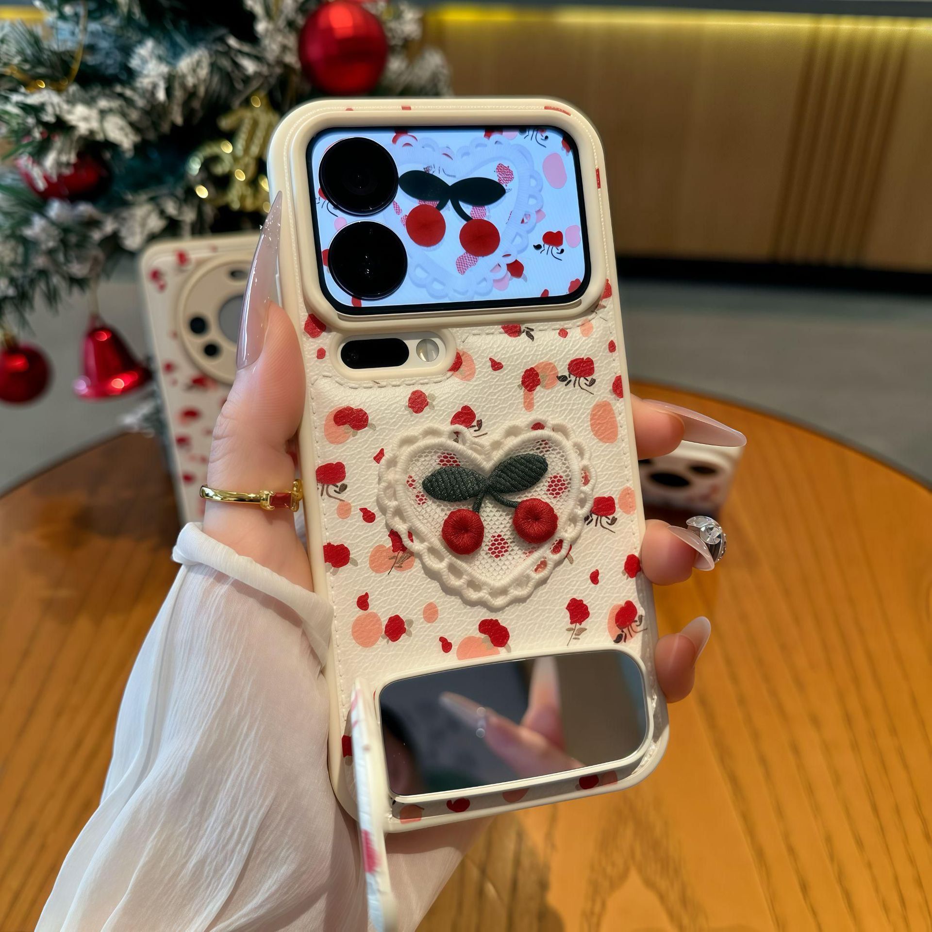 Leather Phone Case For Iphone 16 Pro With Embroidered Cherry Art_voghion.com
