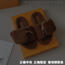 秋冬新款保暖加绒女士毛毛拖鞋L家拉链包包平底露趾羊毛一字拖鞋