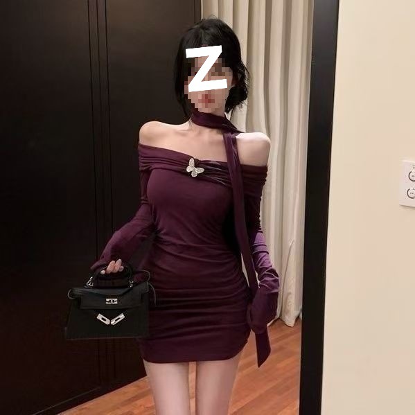 Halter Neck Purple Long-Sleeved Dress for Women in Autumn and Winter, Pure Lust, Sexy Butt-Covering Skirt, One-Shoulder Lady's Inner Skirt