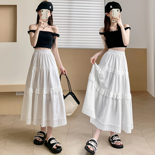 White cake skirt, high-waisted, figure-flattering, versatile midi skirt in a soft, sweet, and romantic Korean-style design with an elastic waist—perfect for an ethereal, fairy-like look.