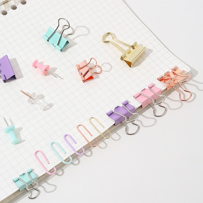Multifunctional comb binder clips, paper clips, and thumbtacks four-grid stationery set, macaron color, large and small sizes, long-tail clips