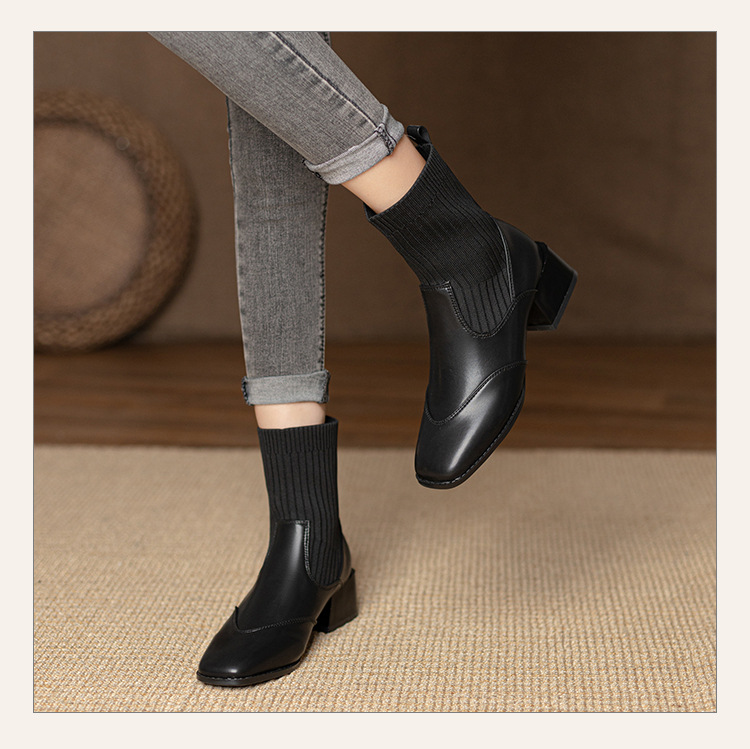Women's Ankle Boots French Retro Square Toe Thick Heel Mid Calf_voghion.com
