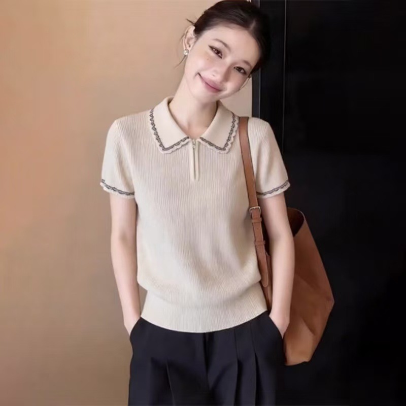 Áo thun dệt kim cổ lật phối khóa kéo viền hoa nữ tính — màu mơ chi tiết 2