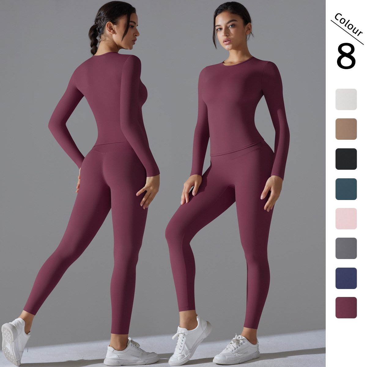 Nuevo color sólido de doble cara abrasiva alta elástica cintura alta apretada elevación de cadera entrenamiento traje de yoga traje de ejercicio para mujeres