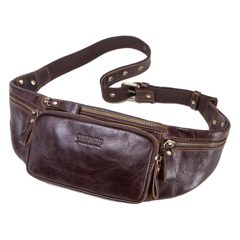 Black Angel Factory Source Genuine Leather Men's Sports Waist Bag First Layer Cowhide Multifunctional Casual Mobile Phone Waist Bag Ready in Stock