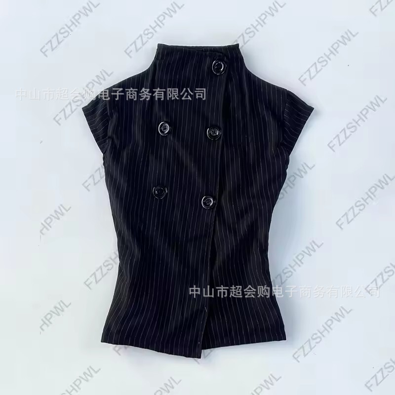 Cross-Border New Summer French-Style Stand-Collar Double-Breasted Slim-Fit Striped Sleeveless Vest Women's Top Cross-Border New Summer French-Style Stand-Collar Double-Breasted Slim-Fit Striped Sleeveless Vest Women's Top