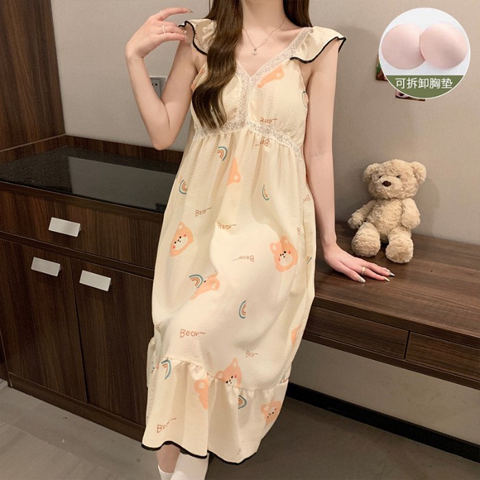 Verano delgado vestido de pijama de mujer cojín de pecho espuma de manga de flores volantes simple punto lindo oso pijama casero