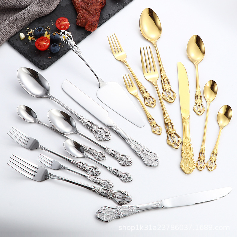 Cuchillo y tenedor de acero inoxidable en relieve de corte imperial transfronterizo Juego de vajilla de comida occidental de hotel Cuchara para mezclar Cuchara de café Cuchillo para carne