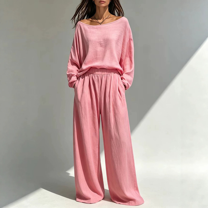2026 Autumn New Fashion Casual Solid Color Women's Outfit: Long-Sleeve Top and Wide-Leg Trousers Two-Piece Set for Women