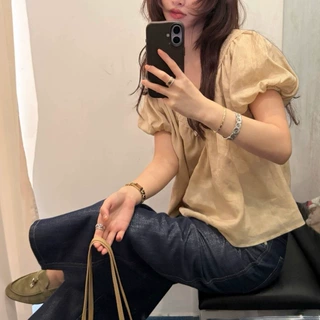 Ranwea'留存诺丁山'苎麻天丝混纺法式蕾丝花边V领泡泡袖上衣