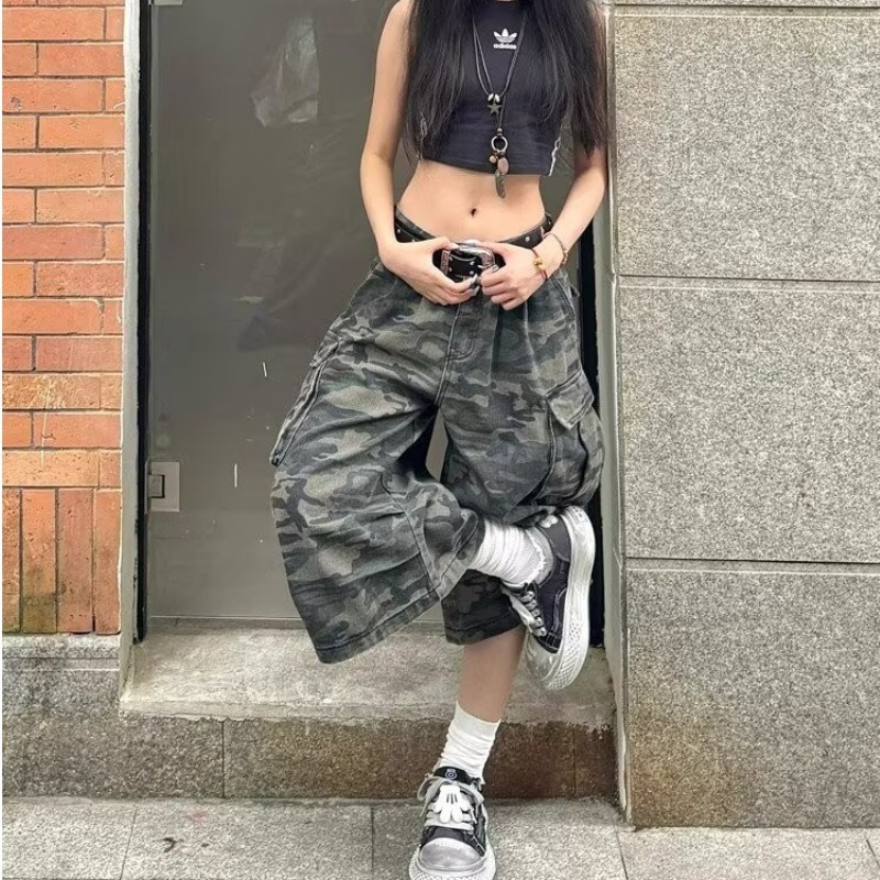 American Retro Camouflage Cargo Denim Shorts Unisex Trendy Loose Straight Casual Summer New Cropped Pants