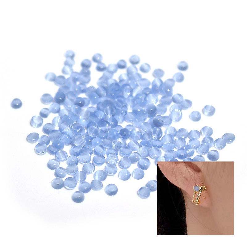 浅蓝色猫眼石戒面diy饰品配件耳环耳钉配饰3mm半圆形平底猫眼石