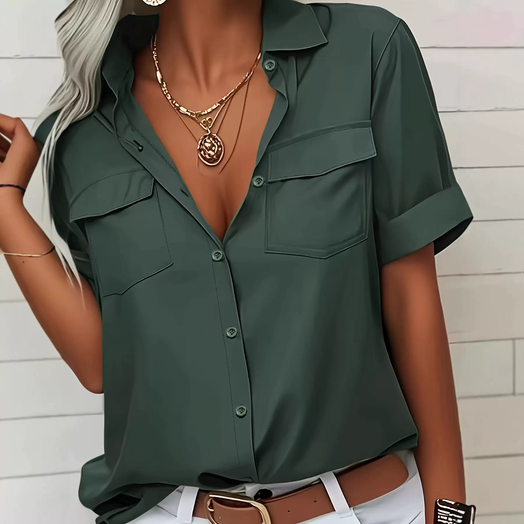 亚马逊欧美春夏新款女士衬衣翻领短袖口袋衬衬衫女装时尚百搭