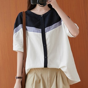 Summer New Korean Style Large Size Casual Top, Artistic Contrasting Color Stitching Linen Round Neck Shirt