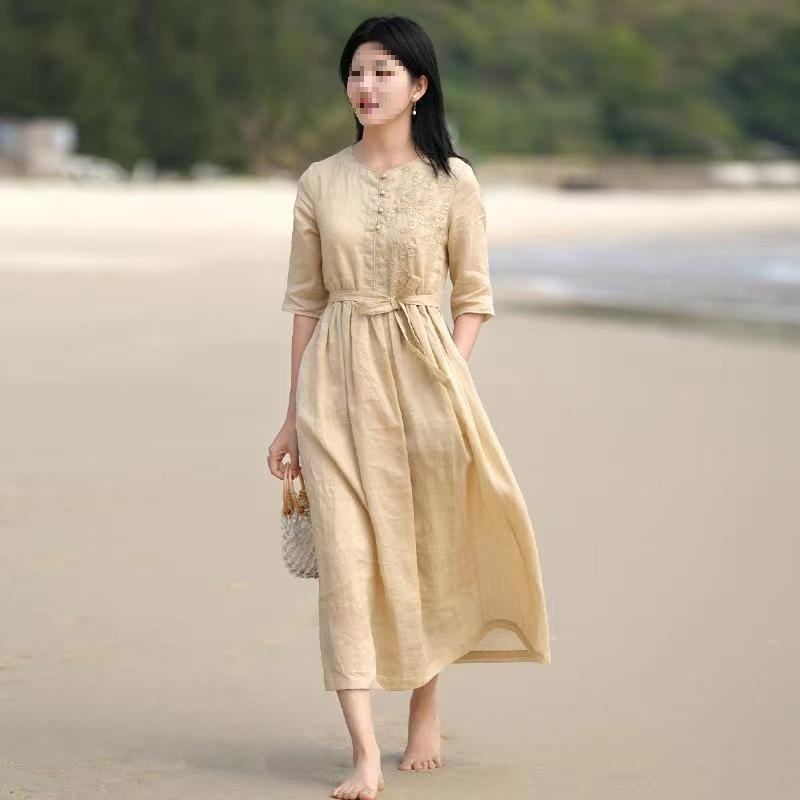 捡漏专柜撤回尾单复古刺绣苎麻连衣裙女收腰系带显瘦休闲大摆长裙