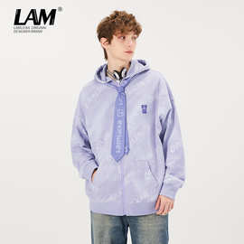 lamlicka秋季扎染开衫拉链连帽卫衣男休闲高街潮牌外套薄帽衫宽松
