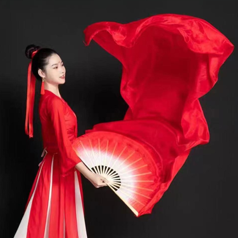 Ventilador de danza luminoso LED tricolor gradiente de seda larga doble cara props de espectáculo de escenario de danza china ventilador luminoso de seda larga