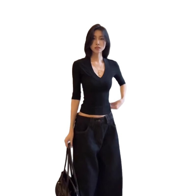 2025早秋新款美式辣妹V领中袖T恤女设计款修身显瘦洋气百搭黑色棉|undefined