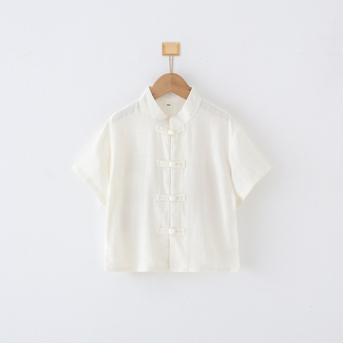 Children's Hanfu Style Cotton Lined Shirt with Ties, White Collared Blouse for Toddlers, Baby Tangzhuang Short Sleeve Solid Color Long Sleeve Shirt