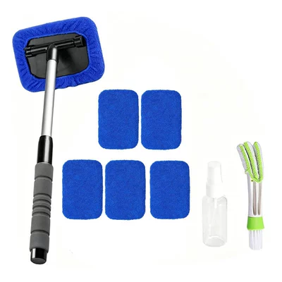 Window Brush: Car cleaning tools - 6-blue-cloth-covers-1-set-of-quadrilateral-b-plastic-parts-1-green-and-white-air-conditioning-brush-1-spray-bottlepe