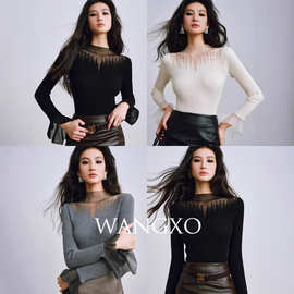 女装工厂WANGXO轻透欧根纱拼接羊毛纱呼吸感不规则坑条针织上衣女