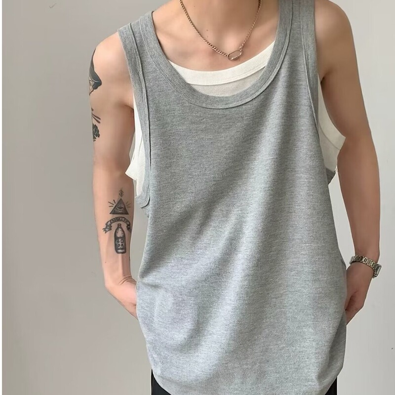 Fake Two-piece Waistcoat Men's Summer Fashionable Duffy Handsome American Style Fitness Island Holiday Sleeveless Men's T-shirt Loose
