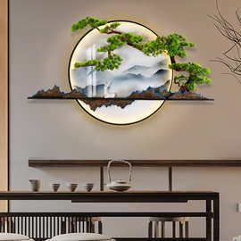新中式入户玄关装饰画办公室迎客松圆形茶室背景墙面立体壁灯挂画