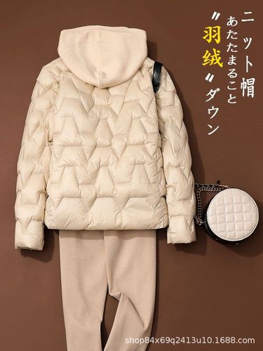 Autumn and winter lightweight hooded down jacket for women, short spliced ​​knitted hat, fashionable and stylish inner layer, lightweight slim jacket, trendy